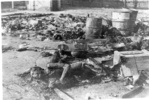 Laikinoji stovykla Žabikove prie Poznanės – evakuojant stovyklą sušaudytų ir sudegintų kalinių kūnai; 1945 m. sausis po stovyklos išlaisvinimo (IPN)